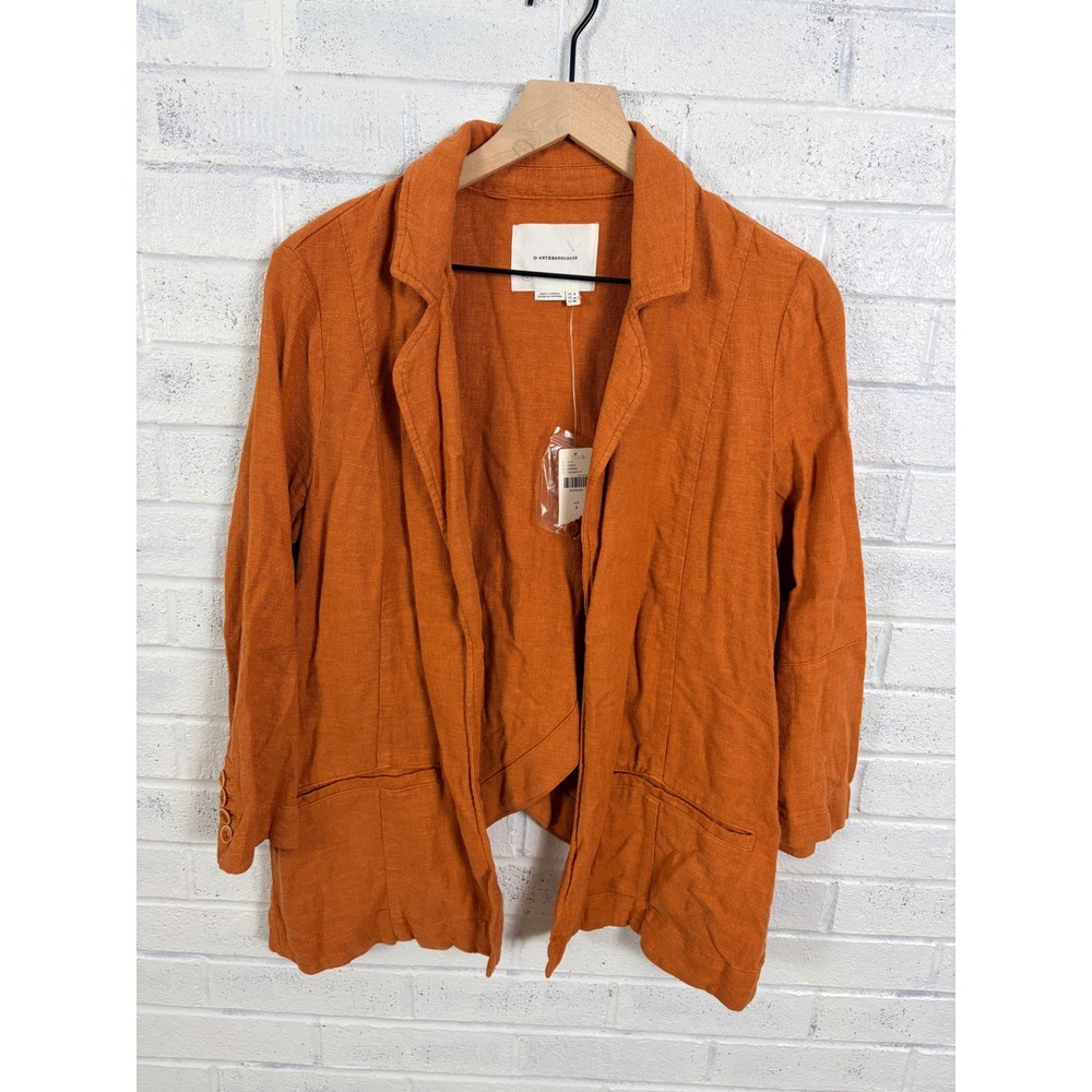 Anthropologie Tulip Hem Blazer Womens 4 Orange Linen Blend Draped Open Front